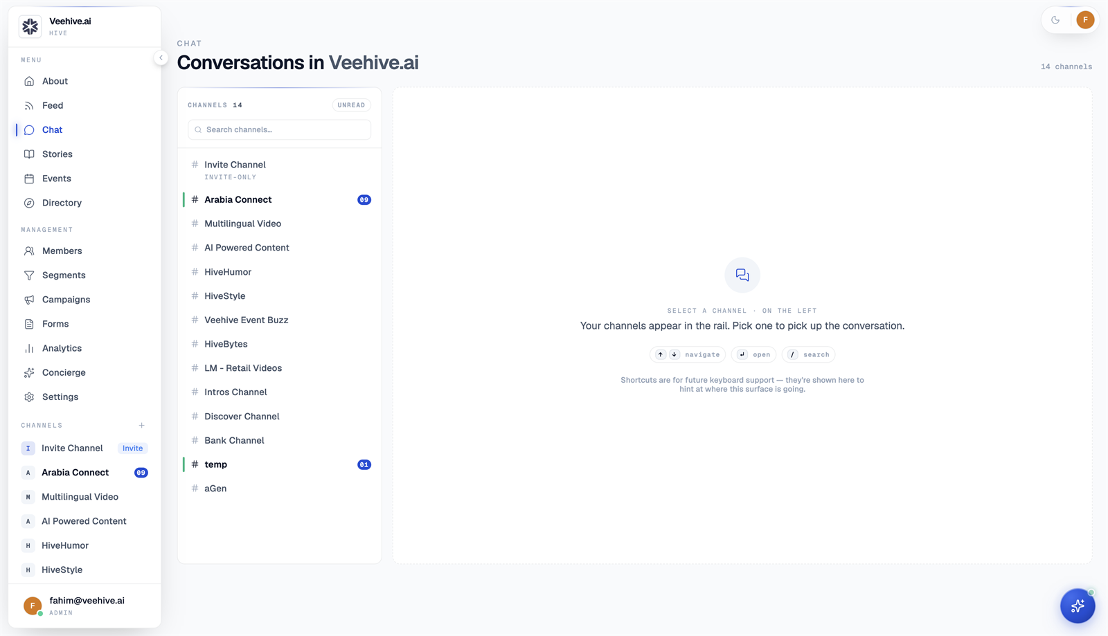 HiveLink chat: 14 channels including announcements, retail video, and invite-only channels, with unread counts